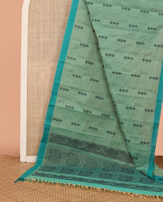 Green Kanchi Cotton Saree Elevated with Stripes and Triangle Buttas All Over Its Body, Complemented by a Contrast Border, Pallu Steeped with Paisley Designs, and Paired with a Matching Blouse