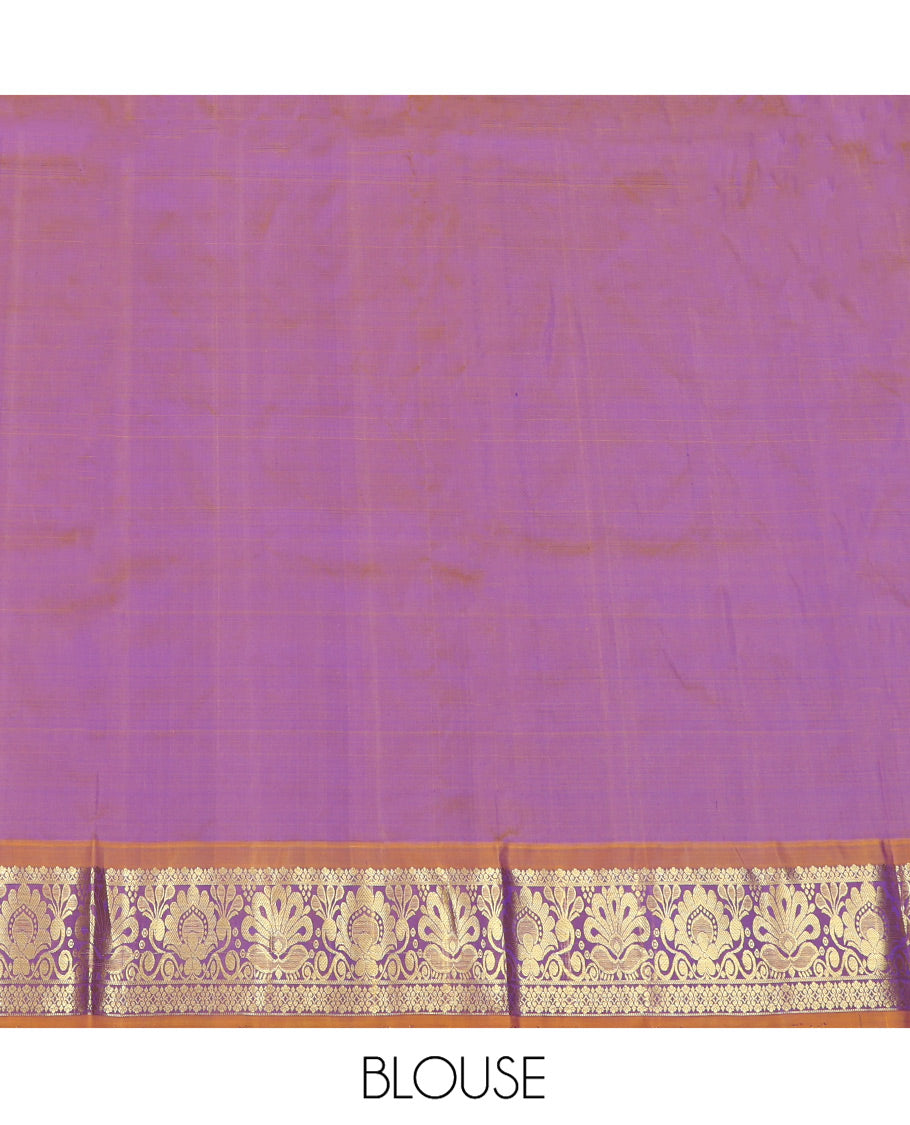 Blue Pure Silk Half-Saree, Decorated with Zari Designs on Its Body, Complemented by a Contrast Floral Design Border, Complemented by a Contrast Blouse, and Paired with a Contrast Dhavani of Annam Chakram Designs