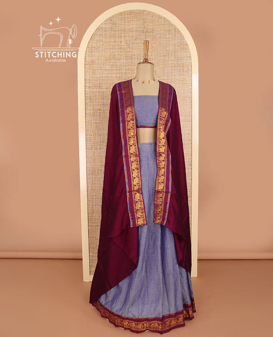 Purple with magenta mercerised cotton daman zari border half saree with zari border blouse & syska georgette 4 side piping golden zari border dhavani