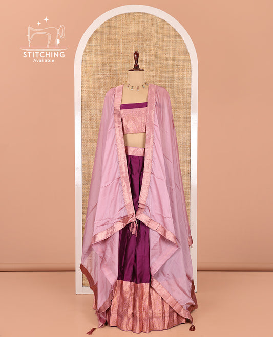 Purple Semi-Banaras Half-Saree, Plain Contrast Intricate-Bordered Skirt, Matching Blouse, Contrast Dhavani
