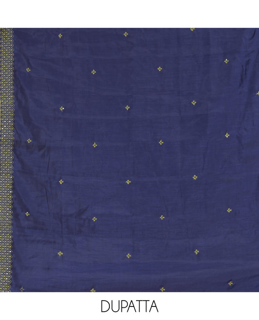 Navy Blue Semi-Silk Material Churidar Sequins Embroidered Top, a Plain Bottom, a Embroidered Dupatta