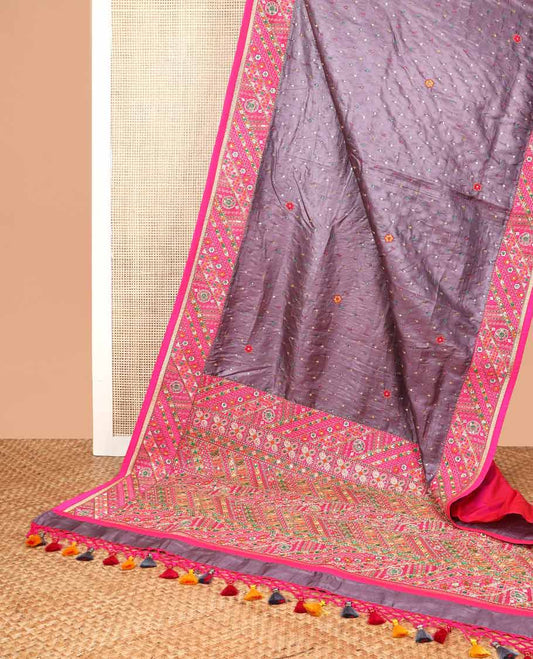 Grey mirrok work, floral butta thread embroidery tussar silk saree with contrast floral design & floral embroidery, mirror work pallu
