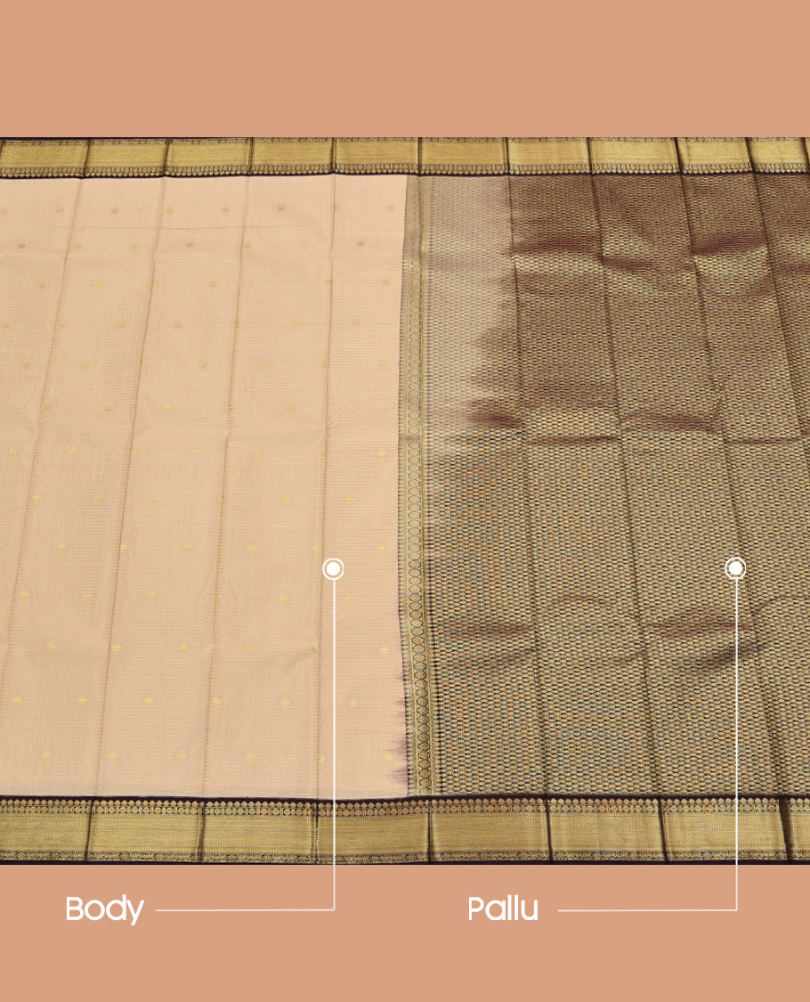 Sandal Budget Silk Saree, Sparsely Threaded with Buttas and Stripes on Its Body, Complemented by a Contrast Traditional Zari Design Border, Intricately Designed Pallu, and Paired with a Contrast Blouse
