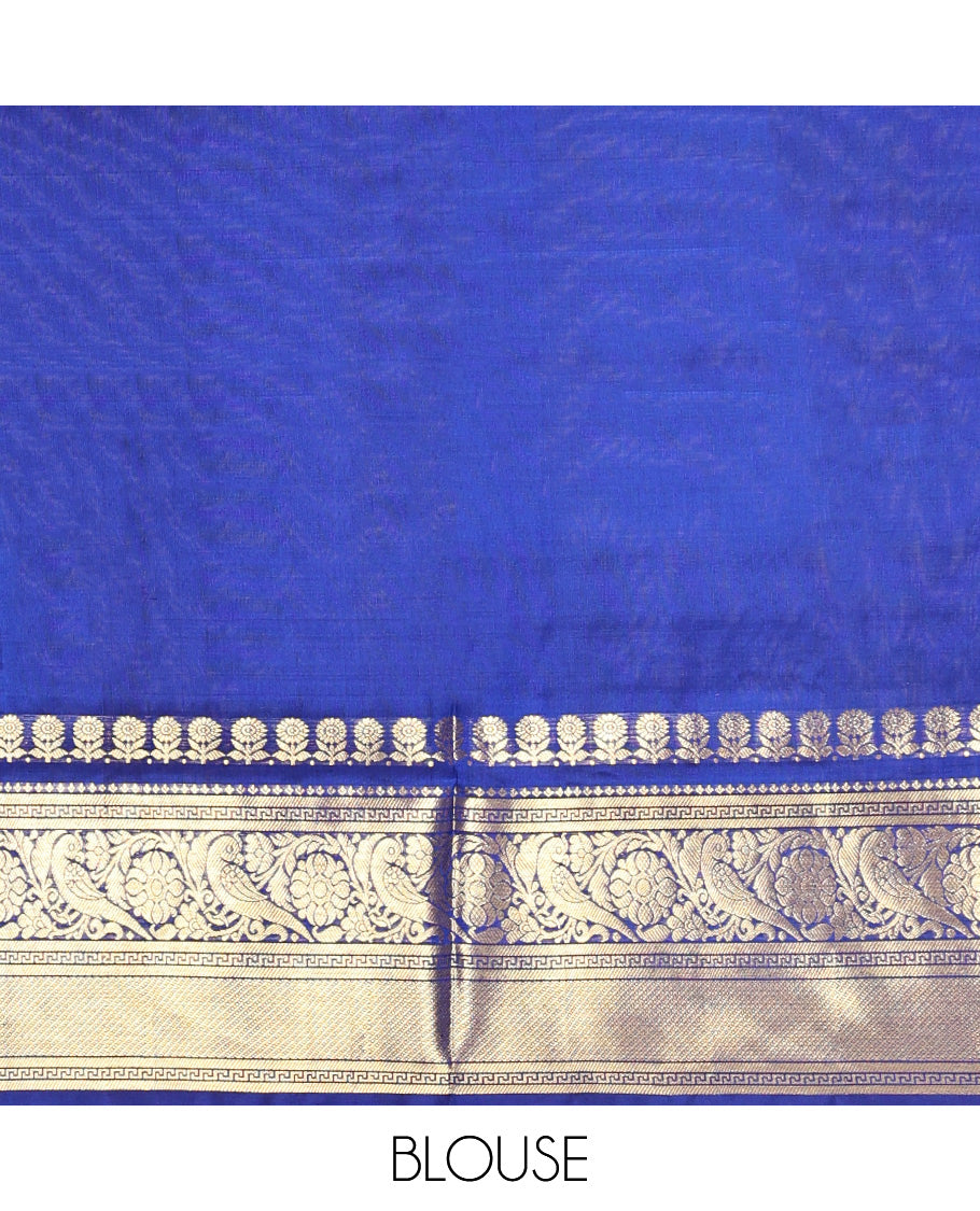 Blue Peacock Chakra Buttas-Checked Venkatagiri Silk Saree, a Contrast Traditional Border, Contrast Blouse