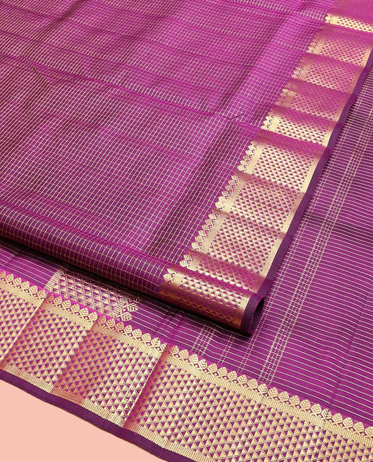 Purple Nine-Yard Silk Saree, Decorated with Muthu Checks, Highlighted by a Zari Border of Thilakam Mokku, and Ara Maadam Design, Pallu of Ara Maadam Designs, and No Blouse