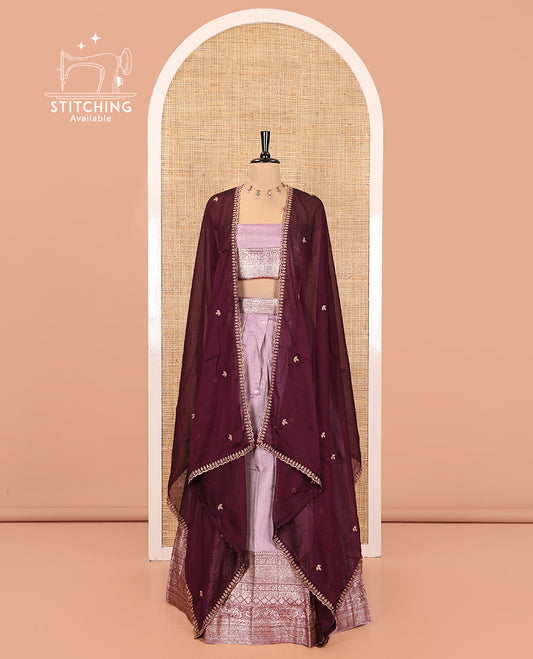 Lavender-Wine Banarasi Silk Half-Saree Featuring Buttas Skirt, Contrast Traditional Border, Matching Blouse, Syska Georgette Embroidery Dhavani