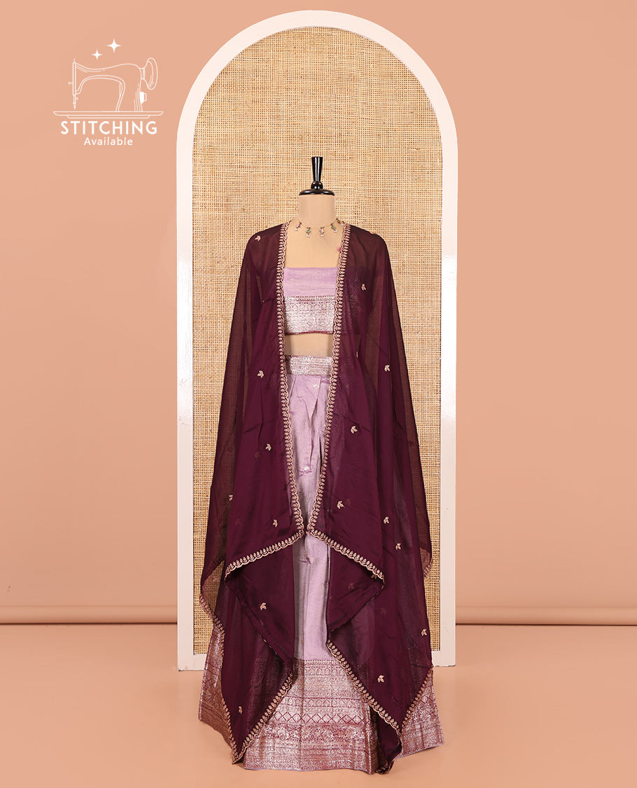 Lavender-Wine Banarasi Silk Half-Saree Featuring Buttas Skirt, Contrast Traditional Border, Matching Blouse, Syska Georgette Embroidery Dhavani