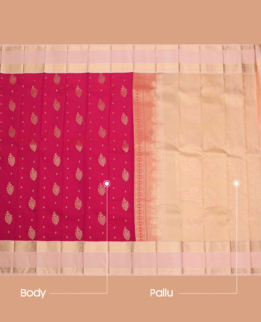 Red Budget Silk Saree, Graced with Zari Buttas, Complemented by a Contrast Traditional Zari Rettai Pettu Border, Grand Pallu, and a Contrast Blouse