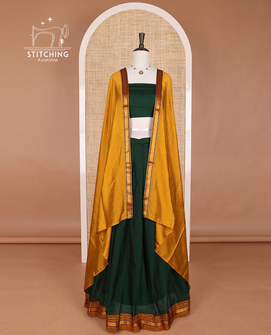 Green mercerised cotton daman zari border half saree with cotton blouse & georgette one side zari border