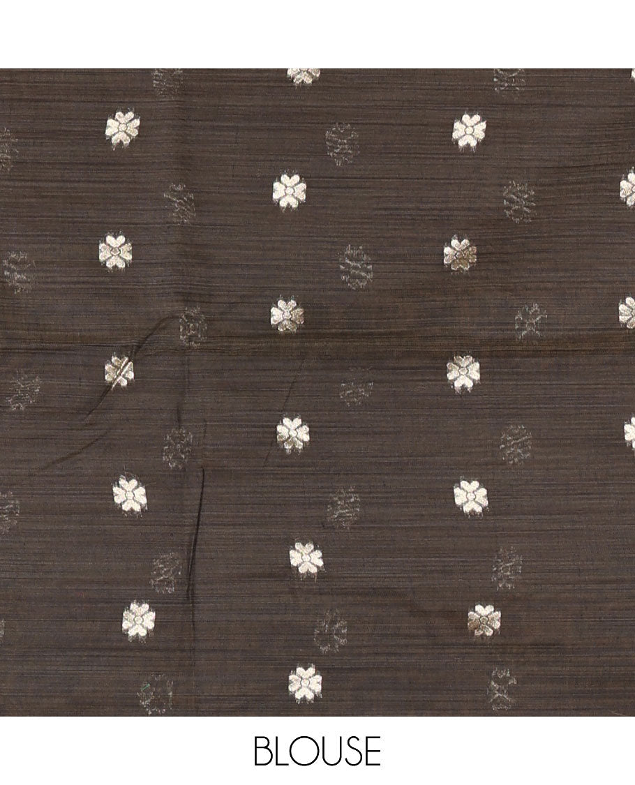 Light sandal resham thread buttas Munga cotton saree, jamdani floral creeper border, jamdani floral pallu, and contrast floral zari buttas blouse