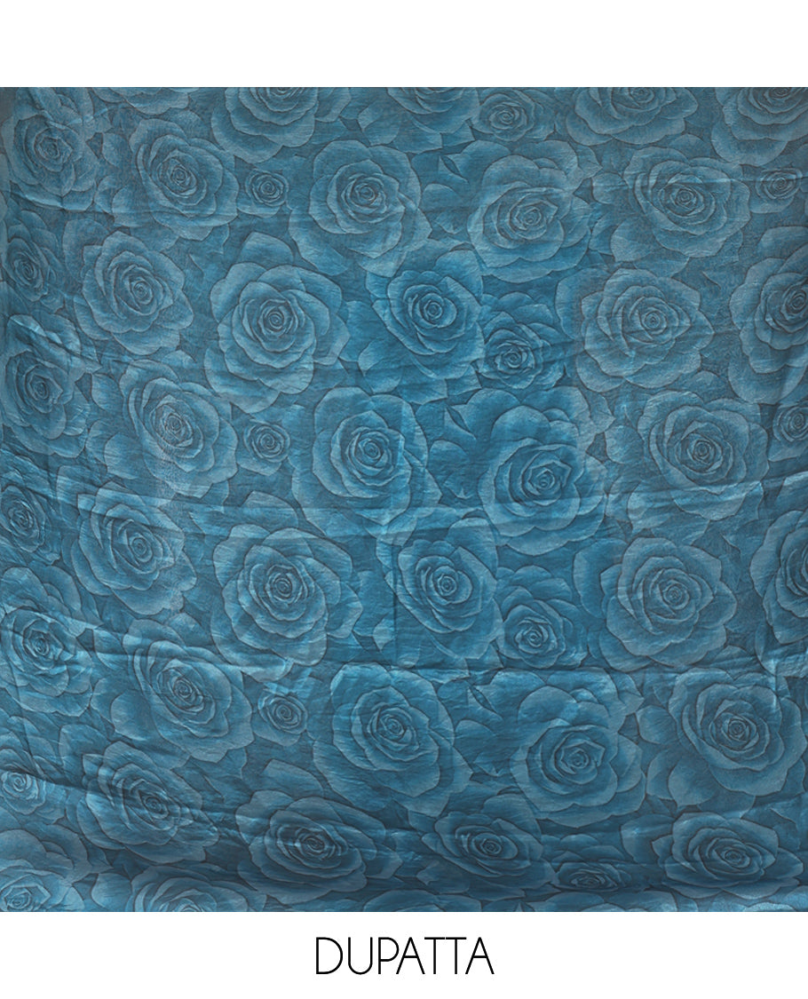 Rama Blue Velvet Organza Designer Material Chudidar, Floral Embroidery Top, Plain Bottom, Rose Printed Dupatta