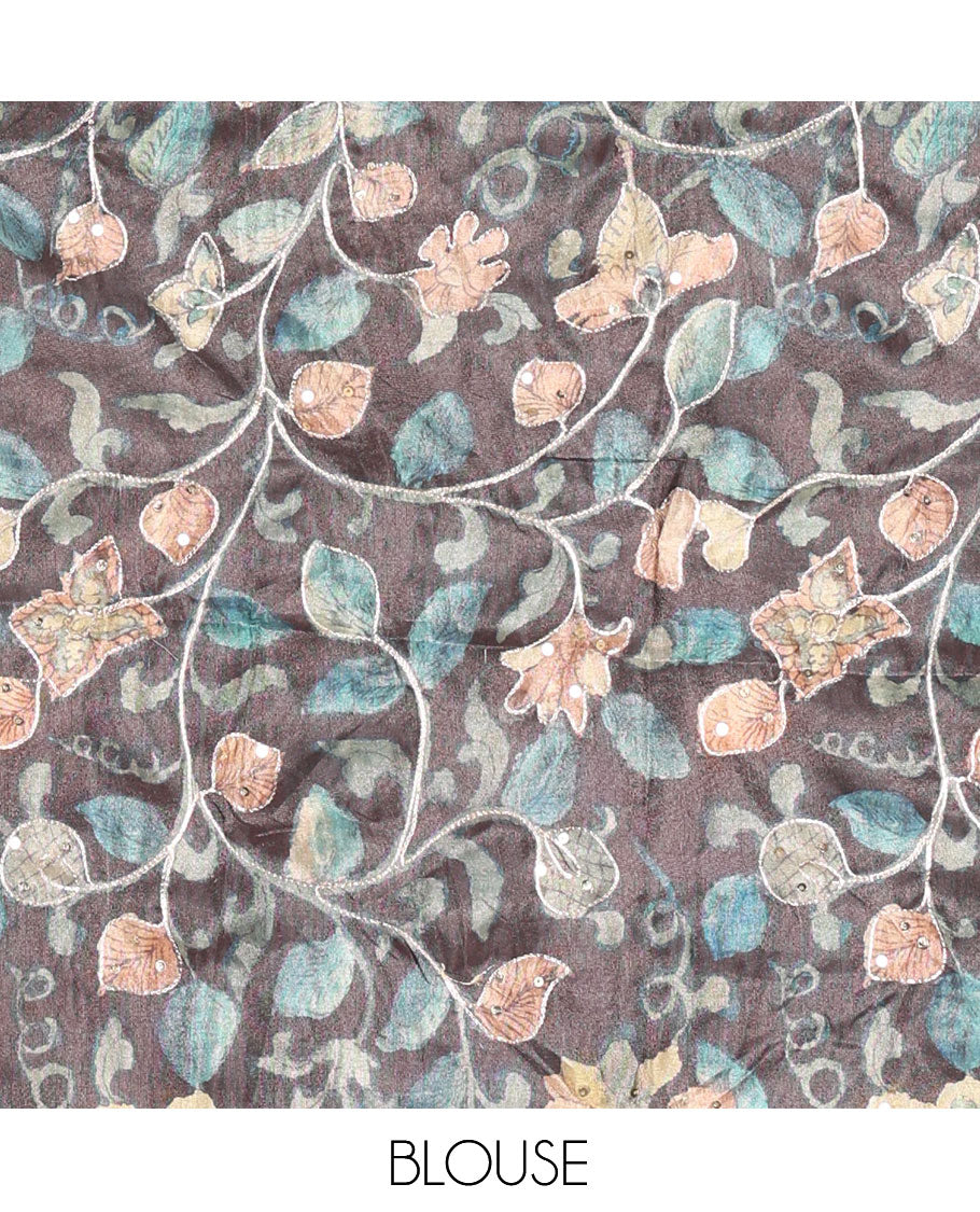 Olive Green Fancy Tussar Saree, Floral-Paisley Border, Grand Pallu, a Contrast Printed Blouse, Matching Brocade Blouse