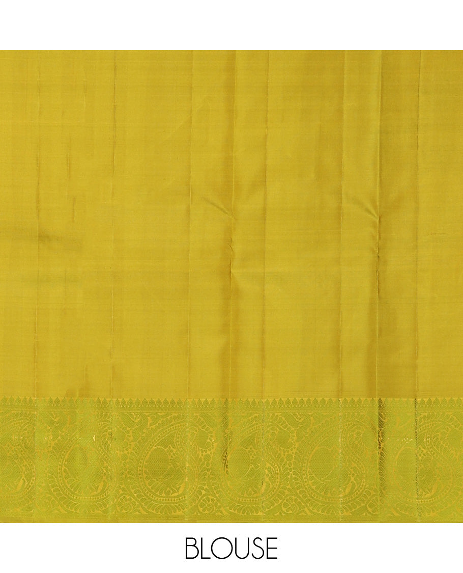 Sandal Mayil-Chakra Buttas Kanchipuram Silk Saree, a Contrast Arumbu Manga Border, Contrast Pallu and Blouse