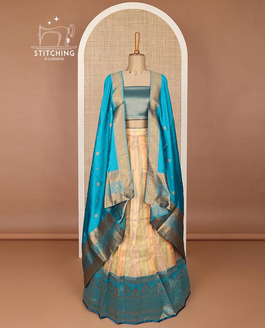 Multi-color striped cottonhalf saree with contrast zari design border, zari design blouse & floral zari design dhavani