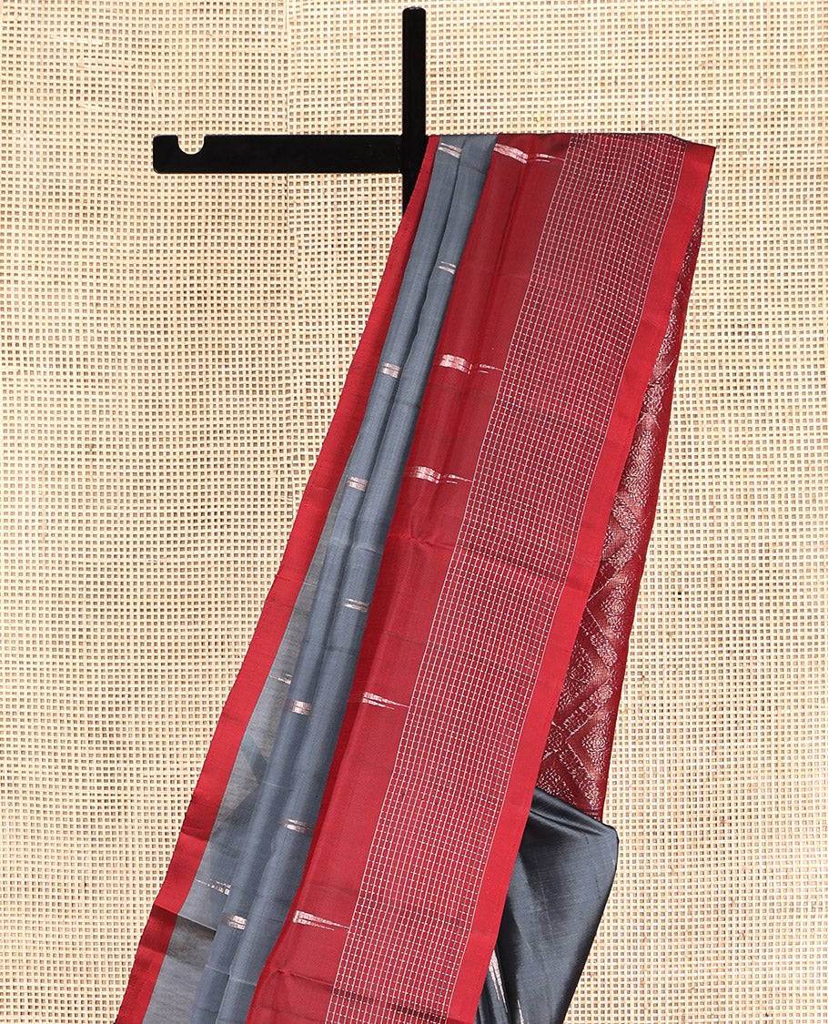 Grey Mayuri Lite Silk Mix Saree, Accentuated with Buttas, Complemented by a Contrast Checked Border, Pallu of Jaal Designs, and a Contrast Blouse