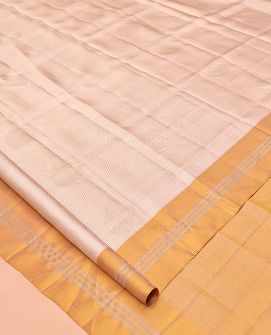 Peach Mayuri Soft Silk Saree, Sparsely Woven with Leaf Buttas and Stripes All Over the Body, Complemented by a Contrast Border, Intricately Designed Pallu, and Paired with a Contrast Blouse