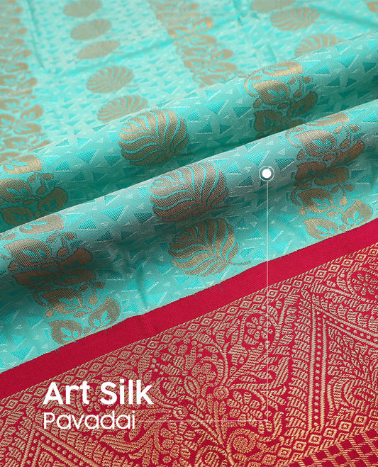 Powder blue art silk material pavadai set, zari buttas pavadai, contrast blouse & traditional zari border