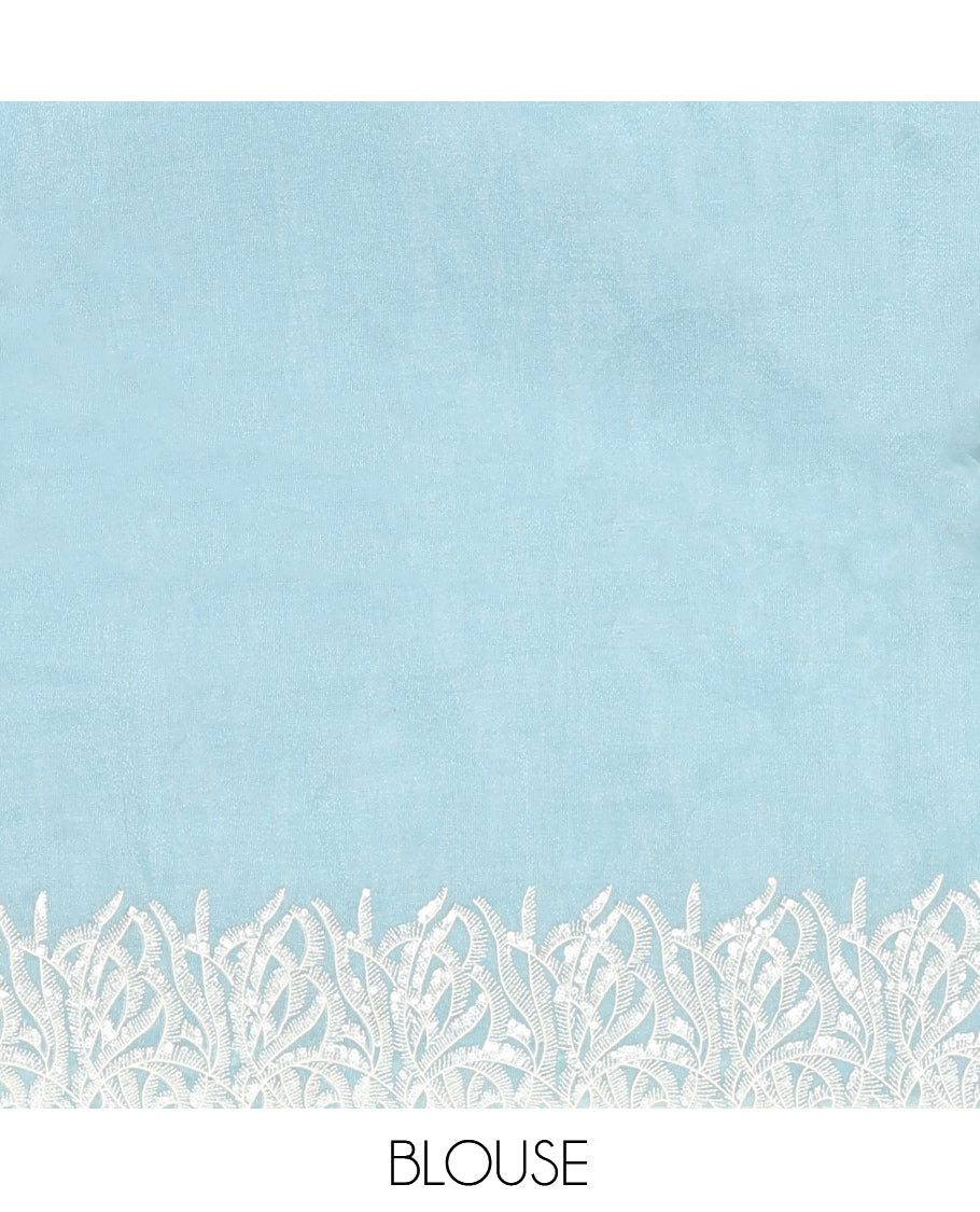Pale Blue Plain Organza Saree, Floral Vine Sequins Embroidery Border, and Matching Blouse