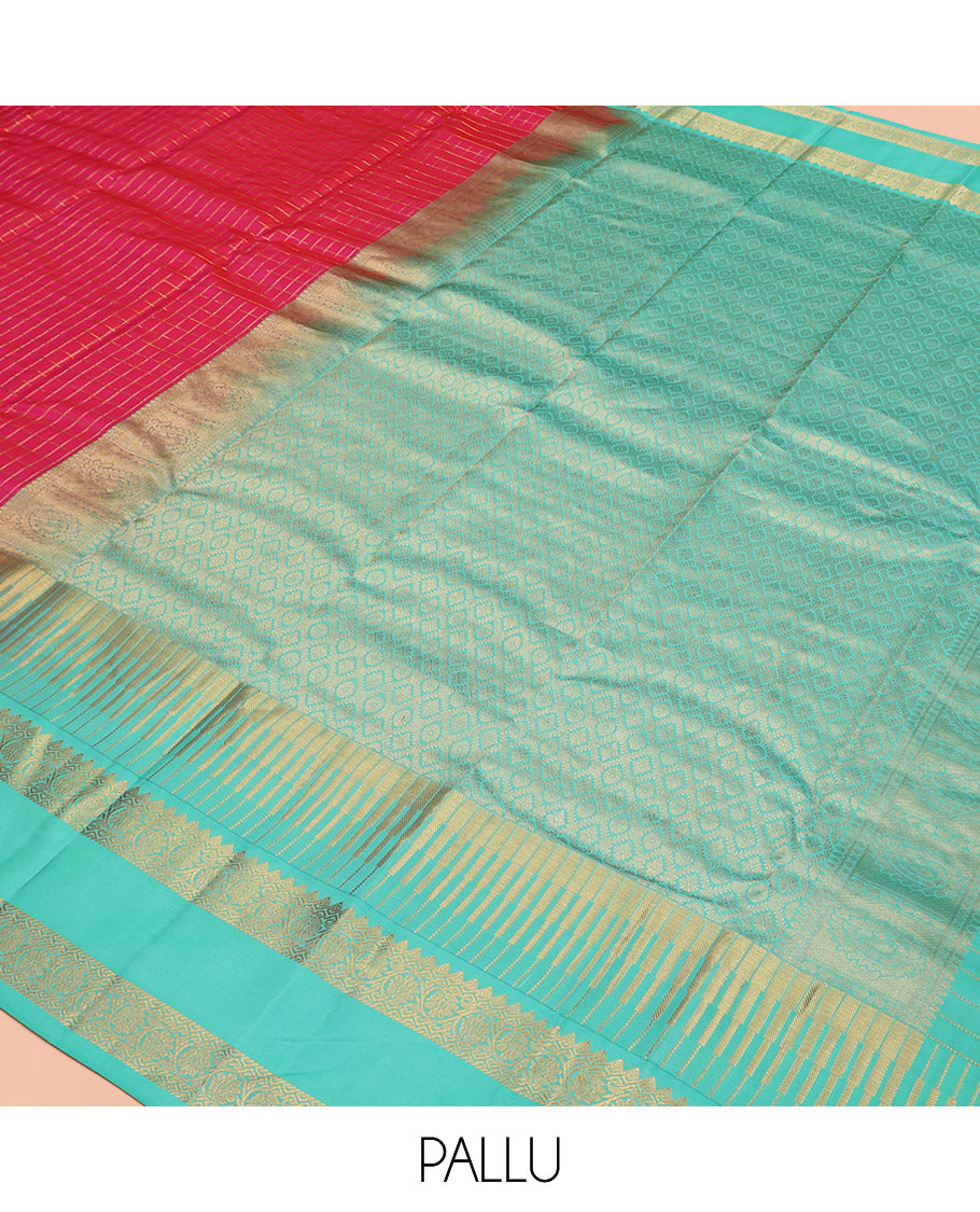 Pink Vasundhara Silk Saree, Masterfully Woven with Muthu Checks and Manga Buttas All Over Its Body, Complemented by a Contrast Rettai Pettu Border of Rekku, and Kodi Visiry Designs, Grand Pallu, and Paired with a Contrast Blouse
