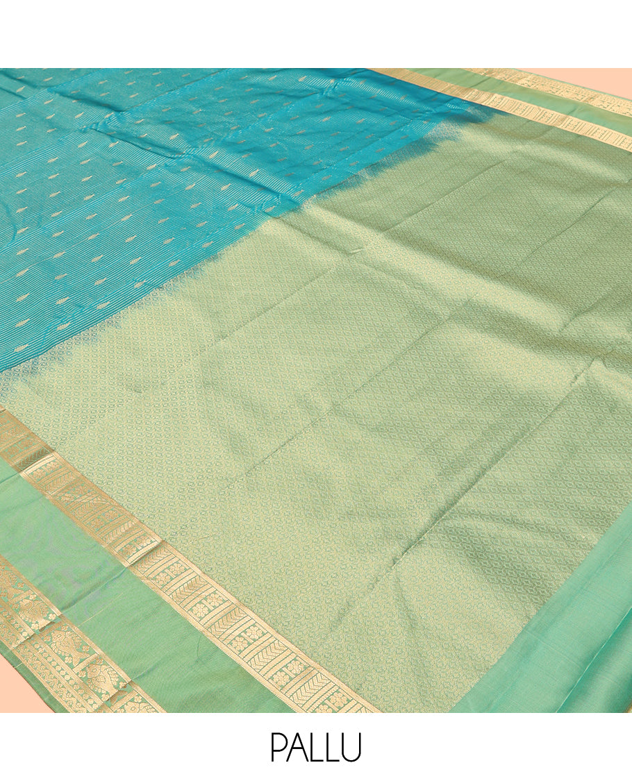 Blue Vasundhara Lite Silk Mix Saree, Graced with Zari Stripes and Buttas, a Contrast Rettai Pettu Border of Meen and Neli Designs, Grand Pallu, and a Contrast Blouse