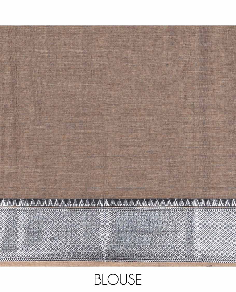 Brown cotton half saree with contrast checked, temple border , zari design blouse & checked, temple border dhavani