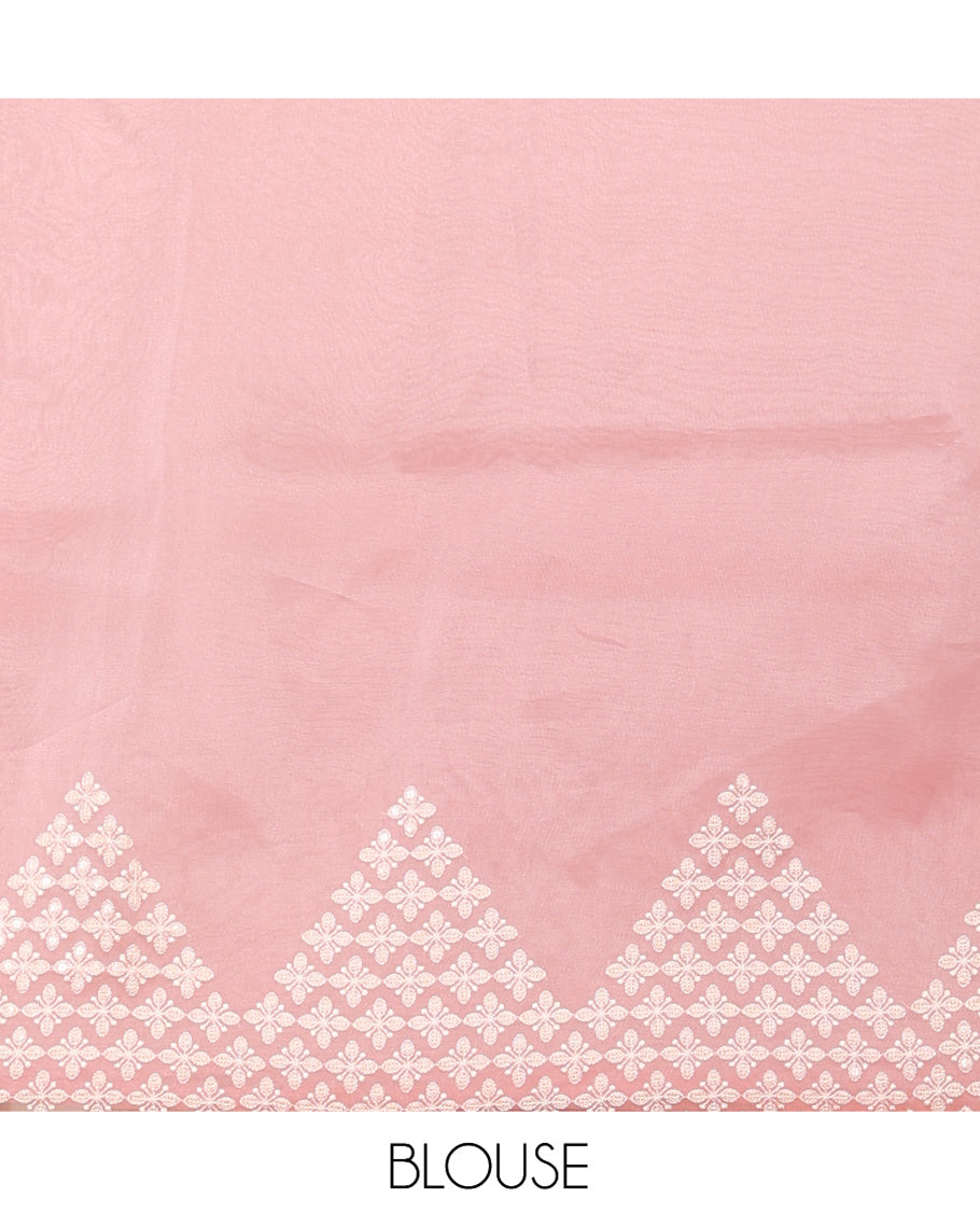 Pink Plain Organza Saree, a Subtle Scallop-Embroidered Border, and Matching Blouse