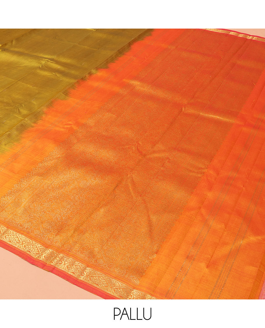 Green Kanchipuram Silk Saree Subtly Sparkled with Zari Buttas, Complemented by a Contrast Border of Jada Nagam Designs, Richly Zari Detailed Pallu, and Paired with a Contrast Blouse