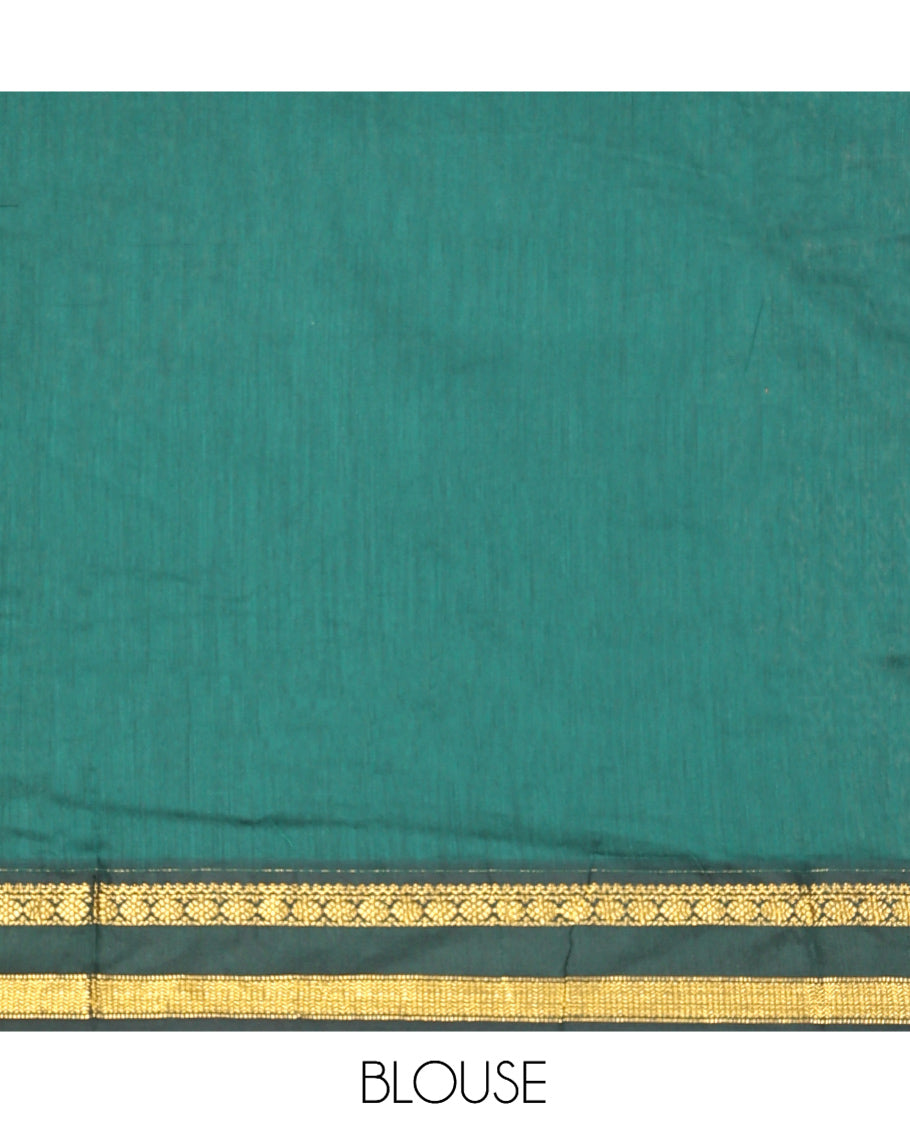 Leaf Green Kalyani Cotton Saree, Finely Crafted with Thread Buttas, a Contrast Traditional Rettai Pettu Zari Border, Grand Pallu, and a Contrast Blouse