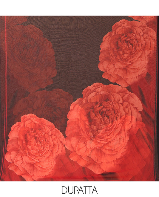 Black Material Chudidar Set, Beautifully Printed with Elegant Rose-Theme Abstract Print on Its Italian Crepe Top, Subtly Made Italian Crepe Bottom, and Georgette Dupatta of Rose Print