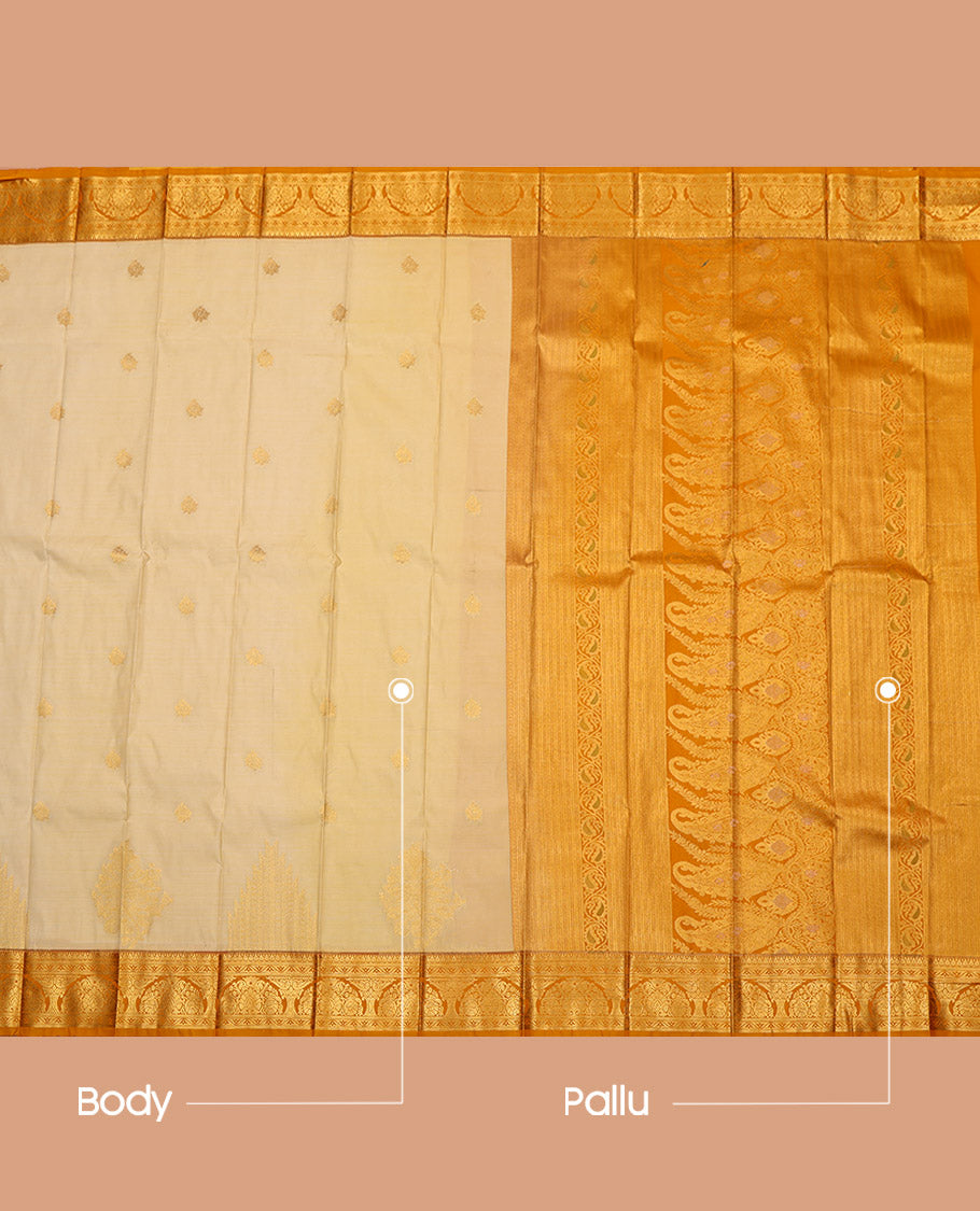Sandal Budget Silk Saree, Sparsely Sparkled with Zari Buttas, a Contrast Traditional Zari Checked Border, Grand Pallu, and a Contrast Blouse