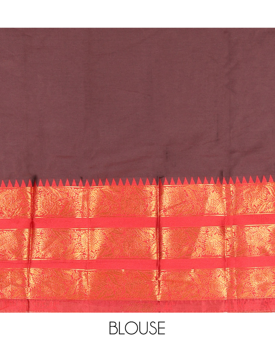 Brown Semi-Banarasi Half-Saree Features Plain Skirt, Contrast Floral Creeper Zari Border, Matching Blouse, Contrast Dhavani