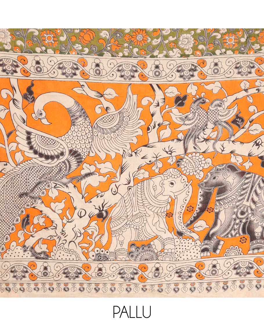 Green Machine-Printed Kalamkari Cotton Saree Features Floral Vine Design, a Floral Printed Border, Pallu of Fauna Motifs, and a Contrast Blouse