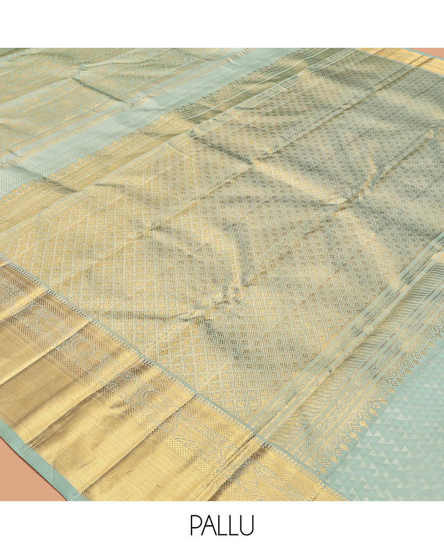 Blue Kanchipuram Wedding Silk Saree, Delicately Woven with Jacquard Design, Zari Border of Thilakam, Kathir, Kuyil Kann, Yaali, and Mayil Designs, Jaal Pallu, and a Matching Blouse