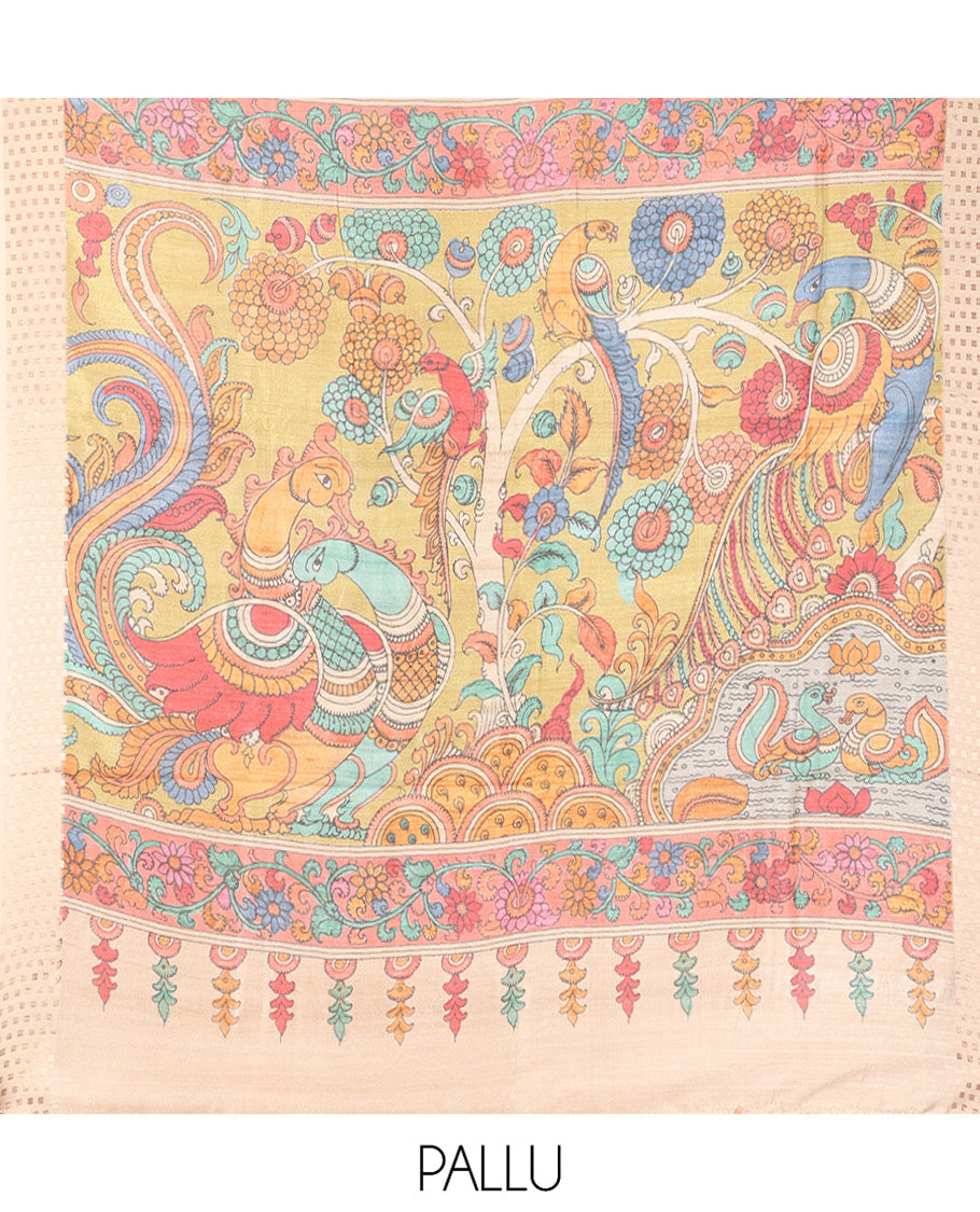 Mustard Plain Fancy Tussar Saree, Complemented by a Contrast Hashtag Motif Border, Kalamkari Flora-Fauna Printed Pallu, and a Contrast Blouse