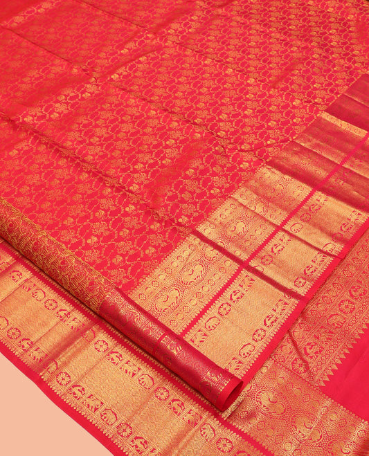 Red Kanchipuram Wedding Silk Saree, Ornamented with Jacquard Design, a Self-Border of Thilakam, Muthu, Poun, Kamalam, Yaali, Yaanai, and Jaal Design, Jaal Pallu, and a Matching Blouse