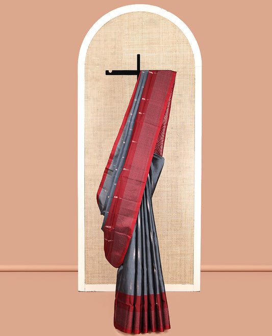 Grey Mayuri Lite Silk Mix Saree, Accentuated with Buttas, Complemented by a Contrast Checked Border, Pallu of Jaal Designs, and a Contrast Blouse