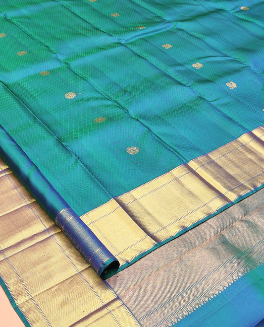 Blue Embossed-Mayil Chakram Buttas Kanchipuram Silk Saree, a Zari Border, Grand Pallu, Matching Blouse