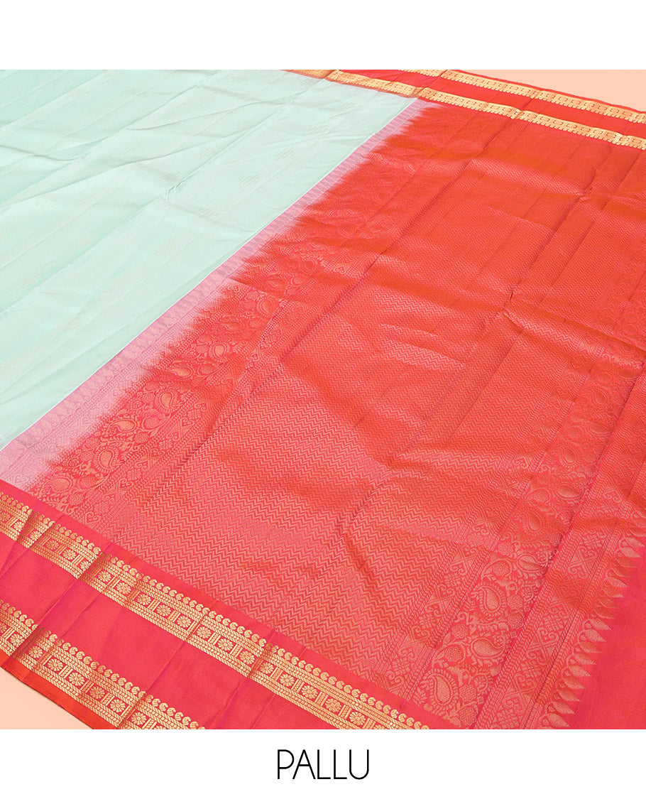 Light Turquoise Plain Kanchipuram Silk Saree, Complemented by a Contrast Rettai Pettu Border of Manga, Banaras, Muthu, and Kamalam, Vanki Pallu, and a Contrast Blouse