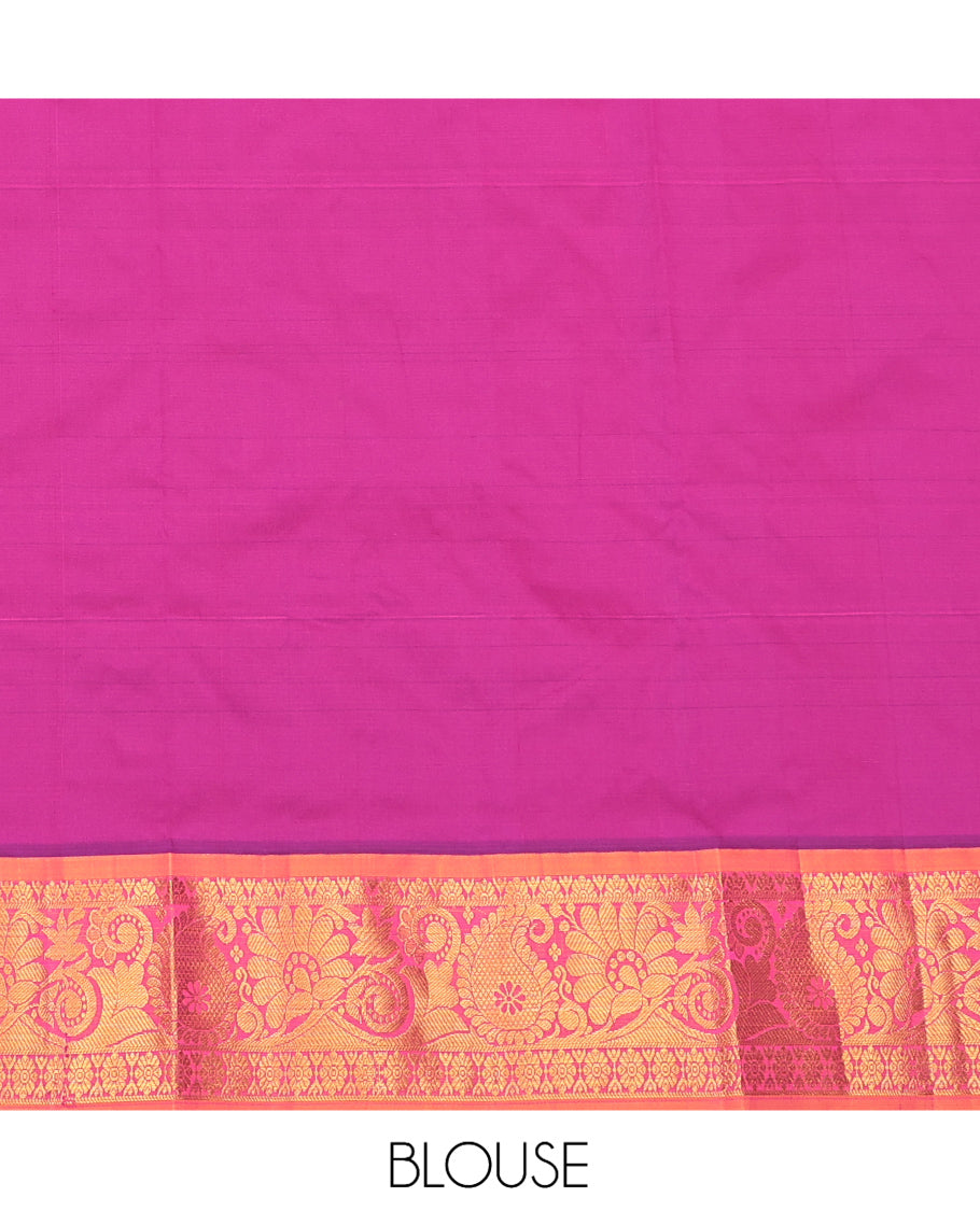 Pink Art Silk Pavadai Material Set, Embellished with Zari Designs on Its Skirt, Complemented by a Contrast Traditional Zari Border, and a Matching Blouse