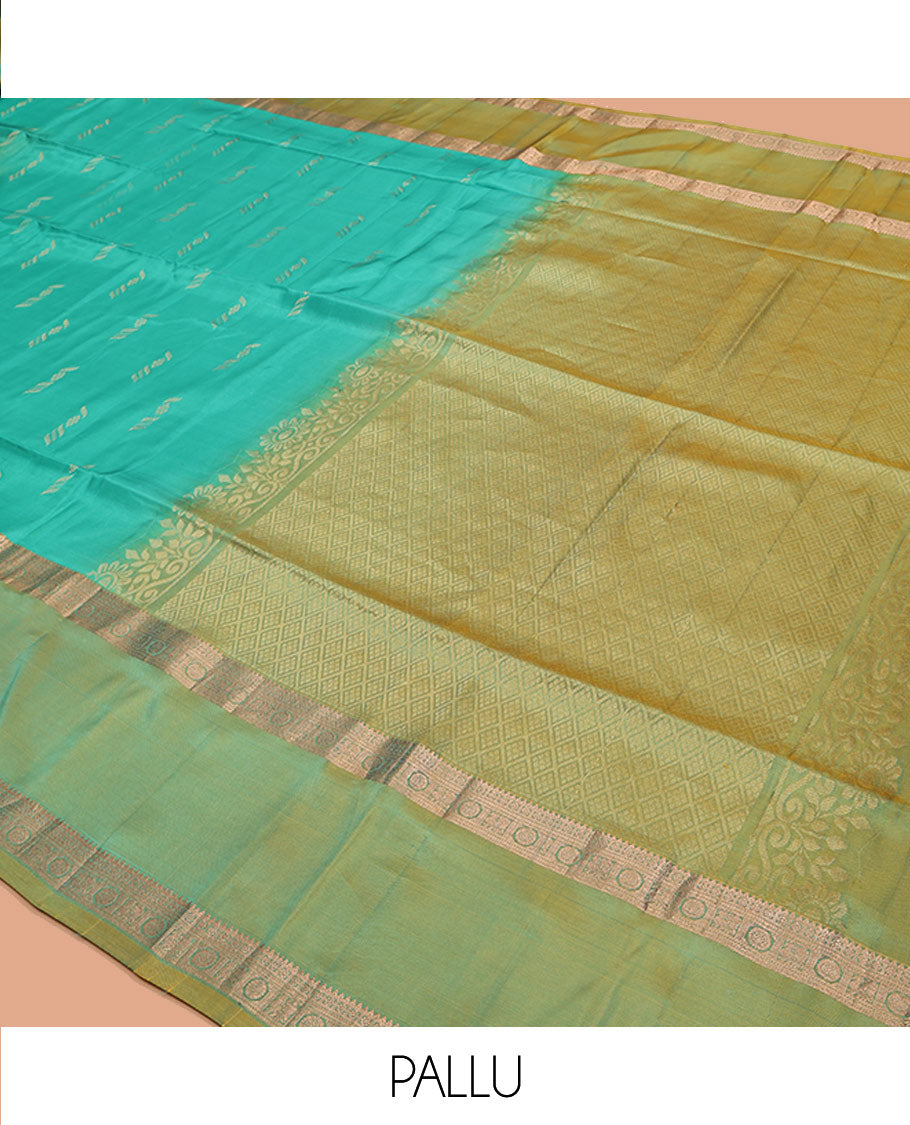 Green Uppada Silk Saree, Enriched with Zari Buttas, Complemented by a Contrast Traditional Zari Border, Grand Pallu, and a Contrast Blouse