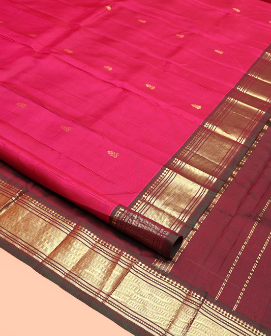 Pink Kanchipuram Silk Saree, Embellished with Zari Buttas, Contrast Border of Paneer Sombu, Banaras, Muthu, and Vanki, Zari Design Pallu, and No Blouse