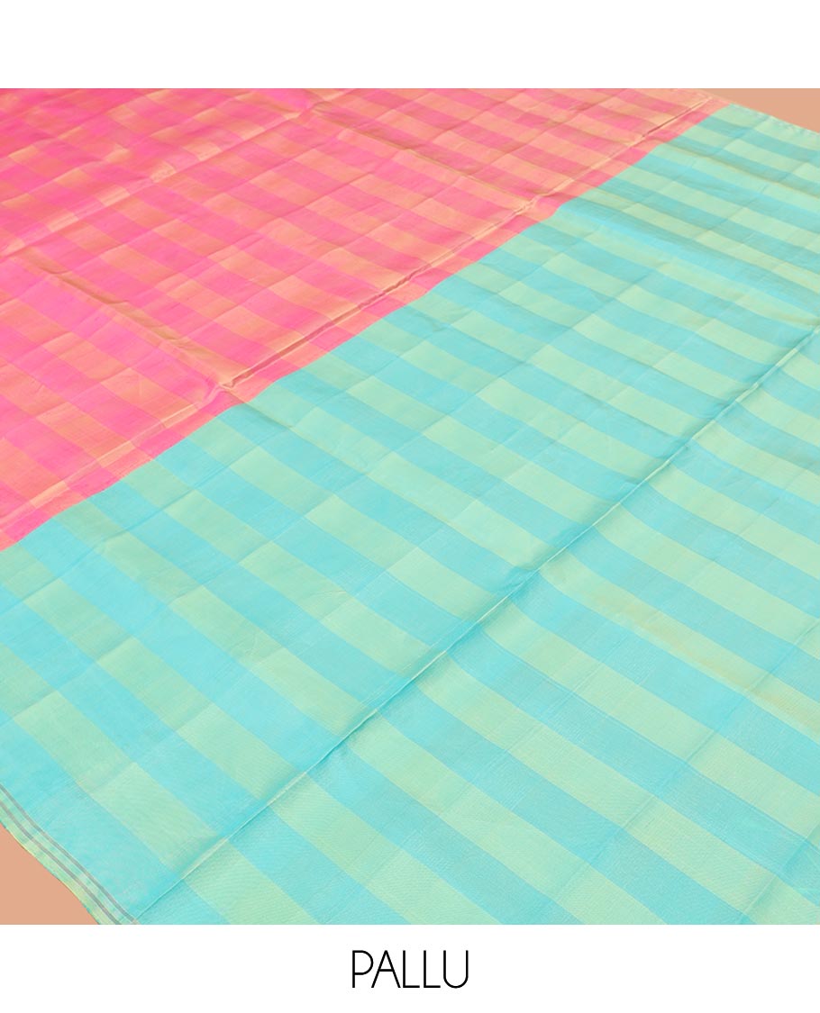 Borderless Pink Mayuri Soft Silk Saree, Adorned with Checked Designs on Its Body, Complemented by a Contrast Striped Pallu, and Paired with a Contrast Blouse