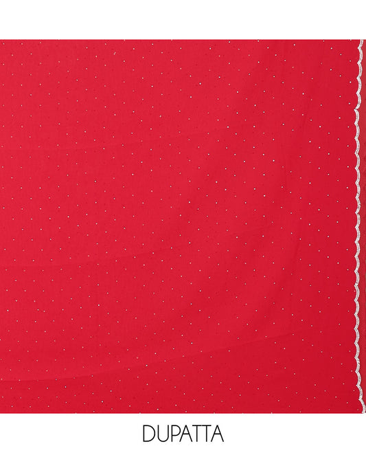 Rani pink material chudidar set, silver stone embroidered with neck bead work georgette top, santoon plain botom, and scallop swarovski stone work dupatta