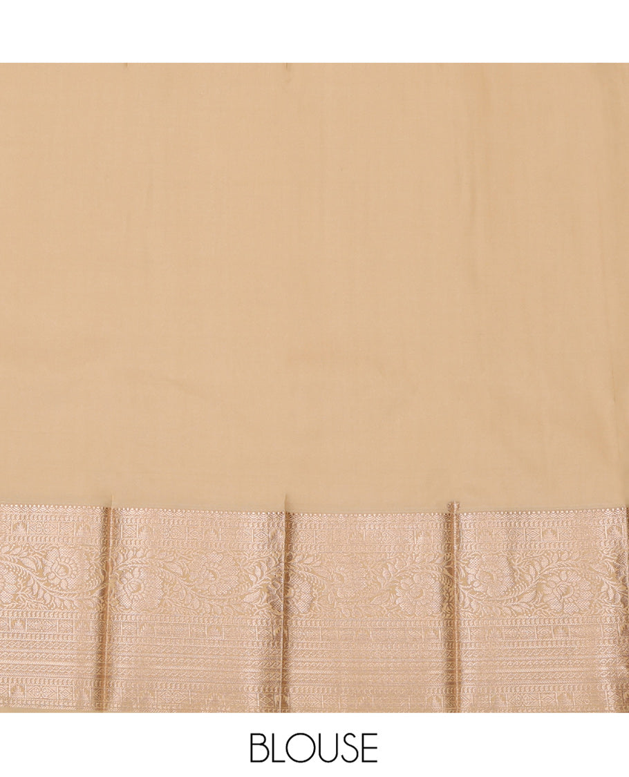 Red Budget Silk Saree, Graced with Zari Buttas and Stripes, a Contrast Zari Border, Grand Pallu, and a Contrast Blouse