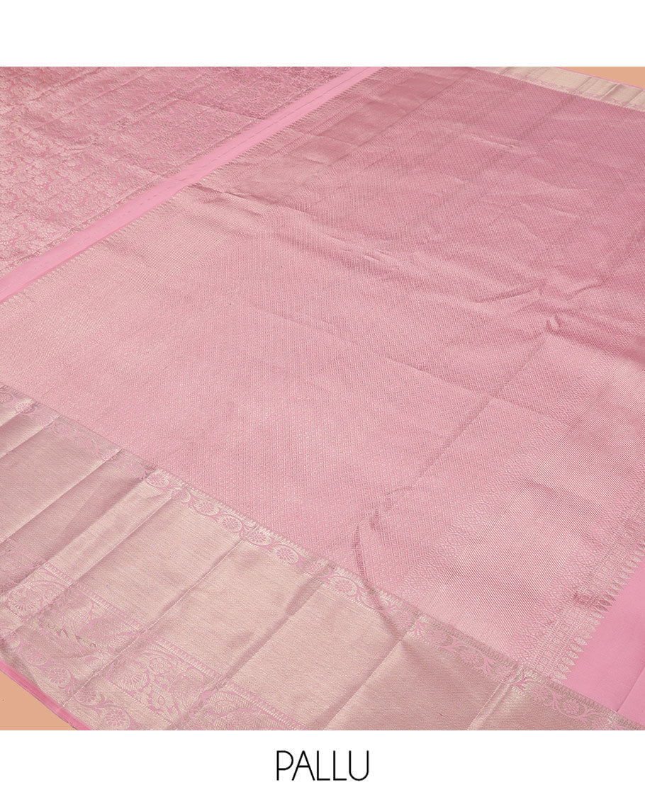 Pink Jacquard Kanchipuram Wedding Silk Saree, Highlighted by a Zari Border of Kodi Visiry Designs, Grand Jaal Pallu, and Matching Blouse