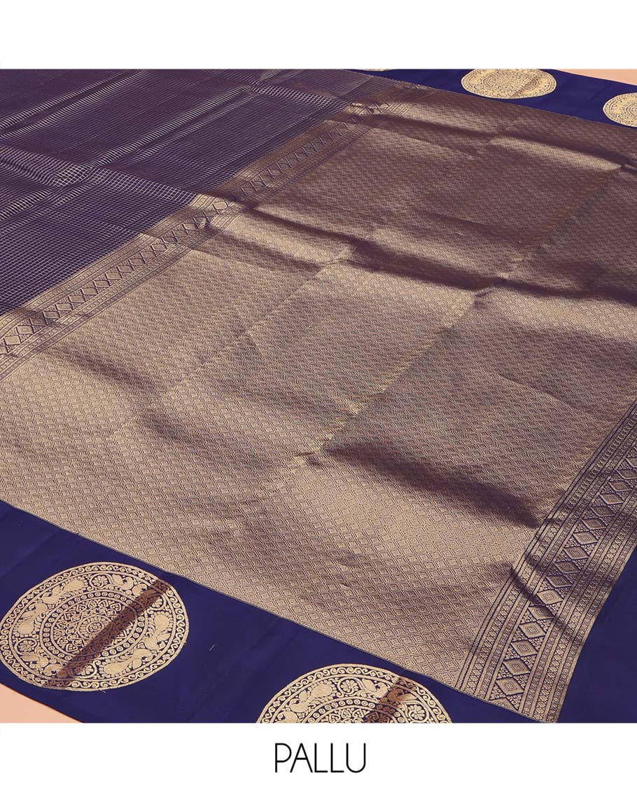 Blue Vasundhara Lite Silk Mix Saree, Gleamed Up with Zari Checked Design on Its Body, Highlighted by Zari Border Features Big Chakram Designs, Gleaming Jaal Design Pallu, and Paired with a Matching Blouse