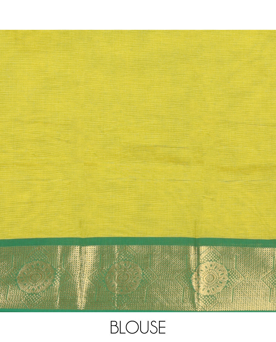 Parrot Green Chettinad Cotton Saree, Subtly Sparkled with Buttas All Over Its Body, Complemented by a Contrast Chakram Zari Design Border, Pallu of Stripes and Buttas, and Paired with a Matching Blouse