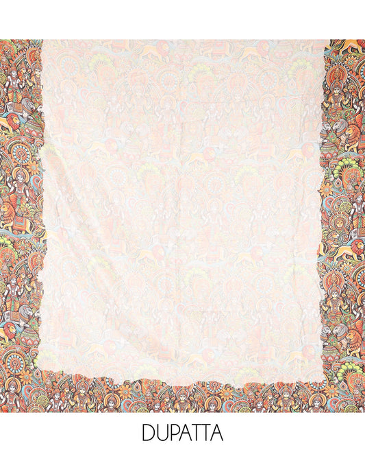 Cream Semi-Silk Material Chudidar, Goddess Durga-Theme Printed Top, Santoon Bottom, and Printed Dupatta