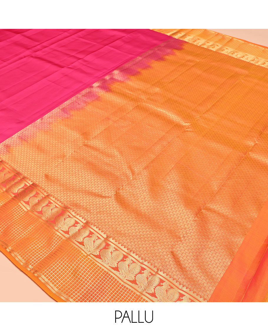 Pink Plain Vasundhara Lite Silk Mix Saree, a Contrast Zari Checked Border of Rekku, and Mayil Design, Grand Pallu, and a Contrast Blouse