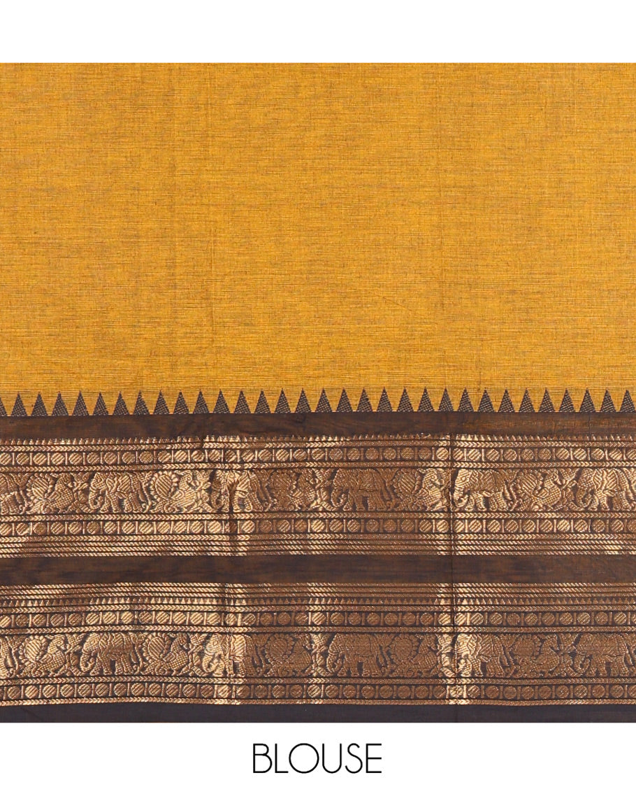 Mustard-Black Chettinad Cotton Half-Saree, Plain Contrast Traditional Temple Zari-Bordered Skirt, Matching Blouse, and a Contrast Dhavani